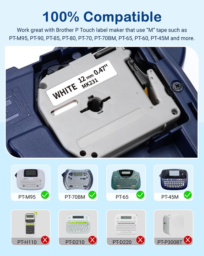 GreaTeam M-K231 Label Tape Replacement for M-K231s Brother Label Tape 12mm 0.47 White P Touch M Tape M231 MK231 MK-231 M-231 Refills, Compatible with Brother PT-M95 PT-90 PT-85 PT-70 PT-65 PT-60 PT-45, 5-Pack - Image 2